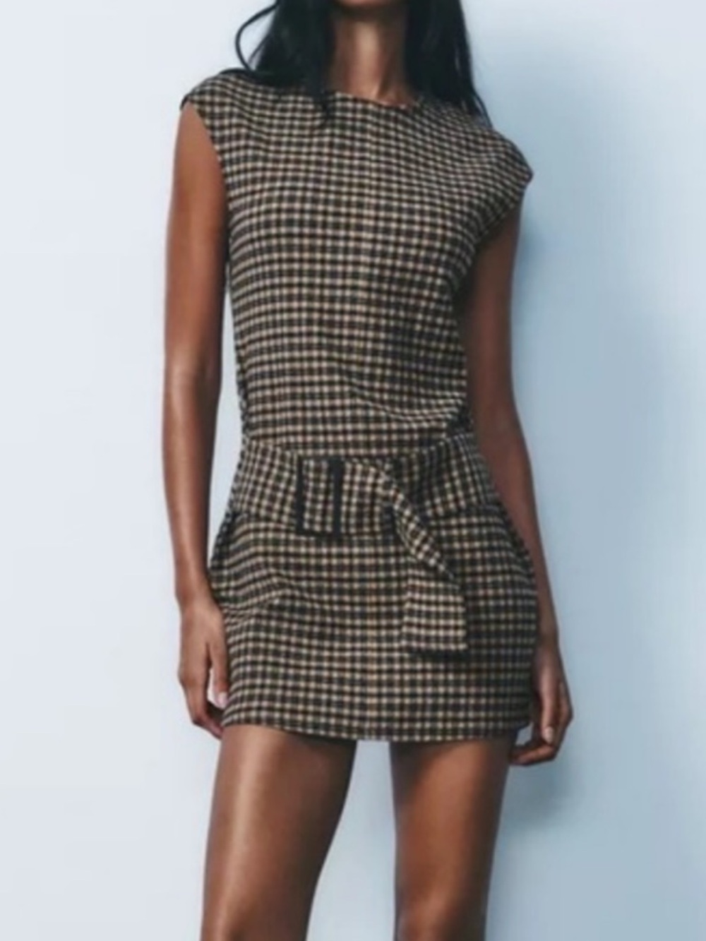 Zara Black and Tan Plaid Mini Dress with Waist Tie - Picture 1 of 9